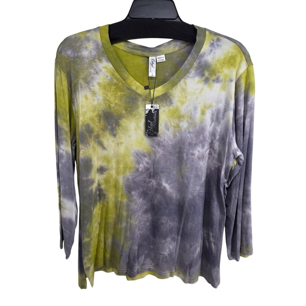 Ethyl NEW Tie Dye V Neck 3/4 Sleeve Top Gray Yellow Size Large